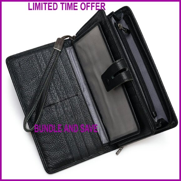 Large RFID Leather Wristlet Wallet Organizer with Phone Pocket - Picture 1 of 7